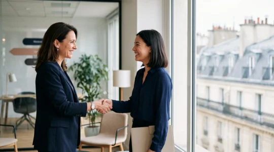 Deux professionnels se serrant la main dans un bureau moderne parisien, symbolisant l'engagement mutuel d'une offre d'embauche acceptee