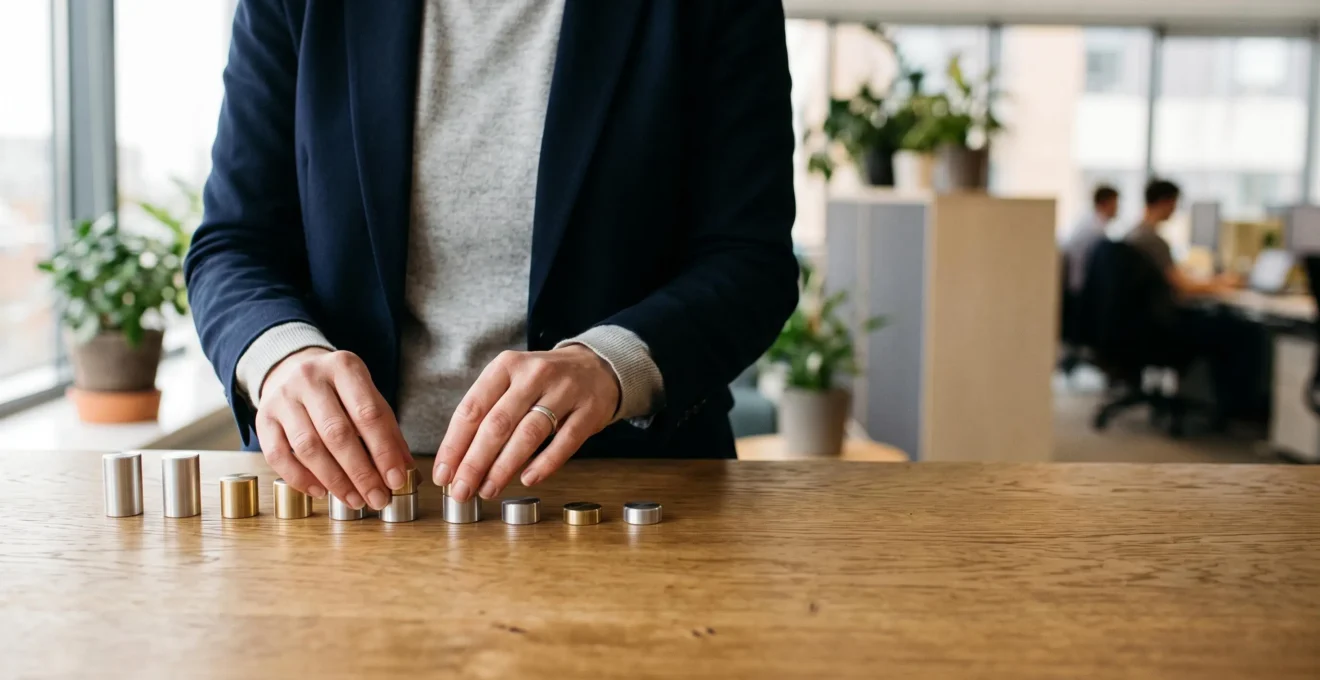 Mains d'un professionnel des ressources humaines alignant avec précision des piles de jetons métalliques sur un bureau en bois, symbolisant la rigueur du calcul de la paie en France