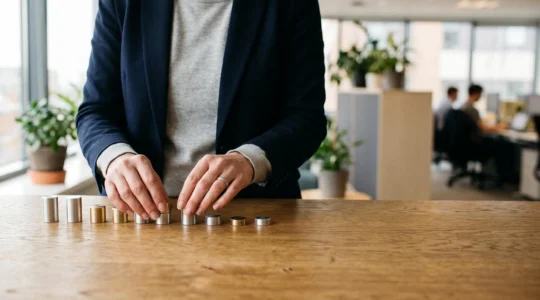 Mains d'un professionnel des ressources humaines alignant avec précision des piles de jetons métalliques sur un bureau en bois, symbolisant la rigueur du calcul de la paie en France