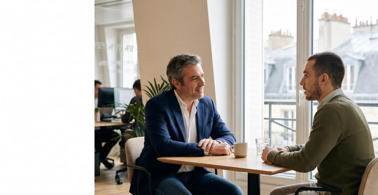 Un manager et un collaborateur échangent calmement dans un bureau lumineux, illustrant la prévention des risques psychosociaux en entreprise