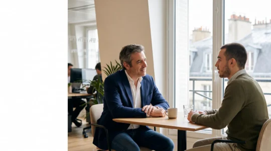 Un manager et un collaborateur échangent calmement dans un bureau lumineux, illustrant la prévention des risques psychosociaux en entreprise