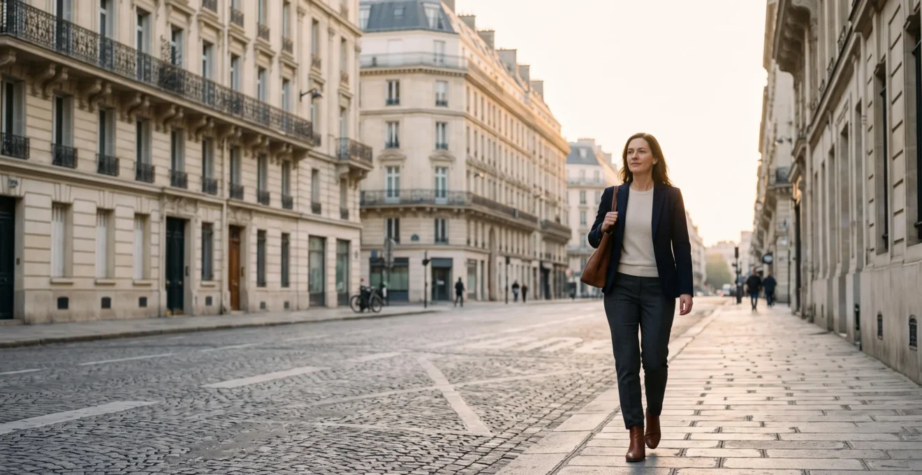 Professionnelle marchant avec assurance dans une rue parisienne au petit matin, symbolisant un parcours de carrière cohérent malgré des choix multiples