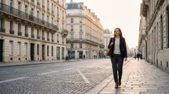 Professionnelle marchant avec assurance dans une rue parisienne au petit matin, symbolisant un parcours de carrière cohérent malgré des choix multiples