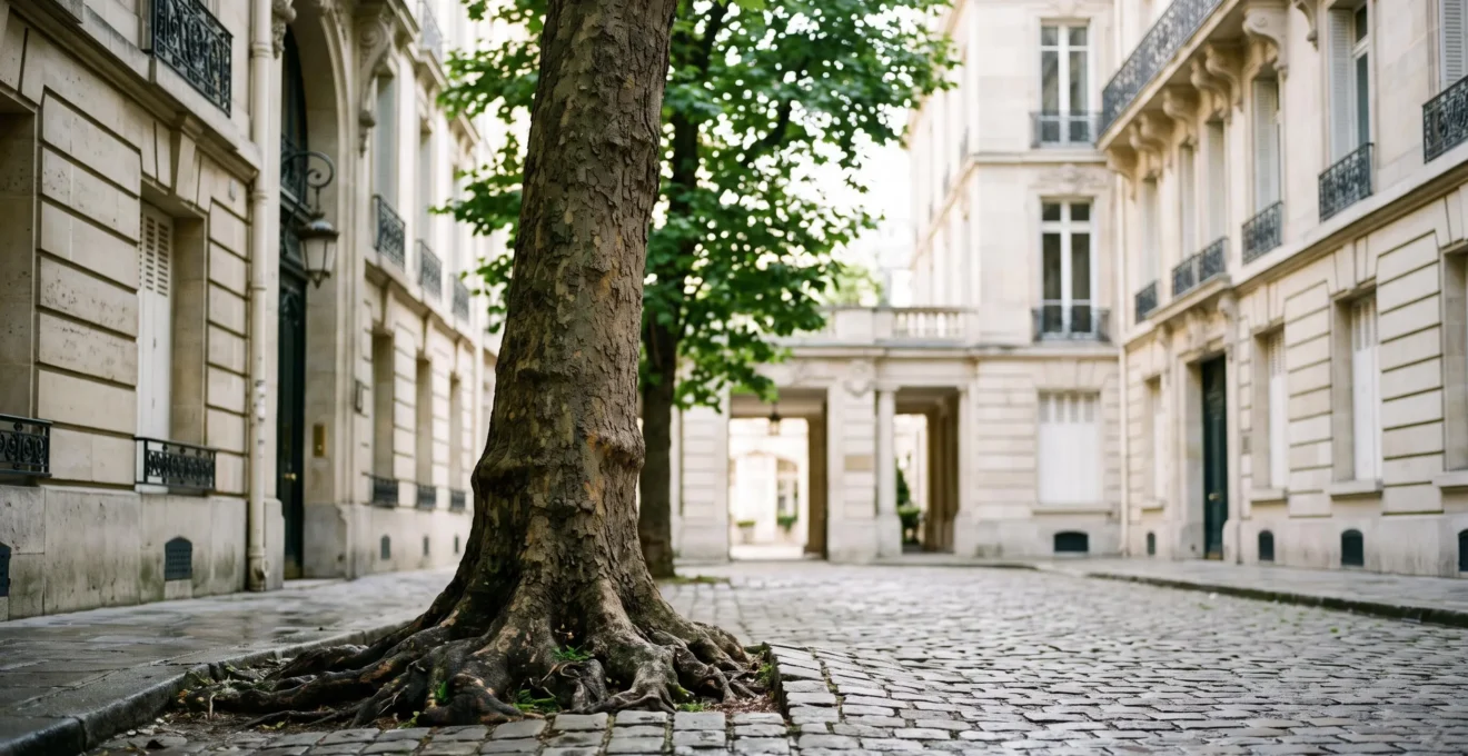 Arbre aux racines profondes poussant dans une cour parisienne, symbole de la fidelisation des talents au-dela du salaire
