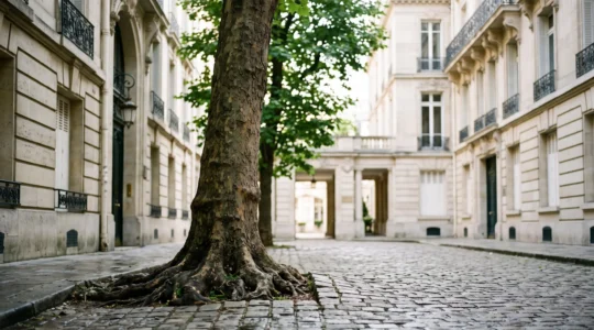 Arbre aux racines profondes poussant dans une cour parisienne, symbole de la fidelisation des talents au-dela du salaire