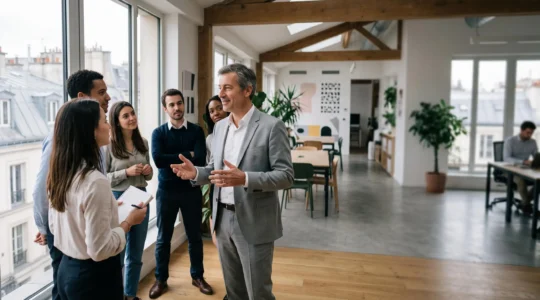 Dirigeant s'adressant avec sincérité à ses équipes réunies dans un espace de bureau lumineux, symbole de la reconstruction de la confiance après une crise