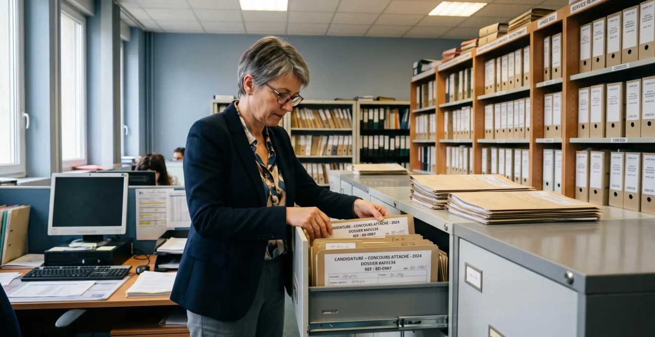Responsable RH organisant méthodiquement des dossiers de candidature dans un système de classement structuré au sein d'une administration publique française