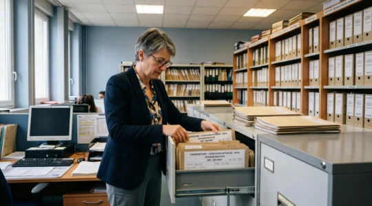 Responsable RH organisant méthodiquement des dossiers de candidature dans un système de classement structuré au sein d'une administration publique française