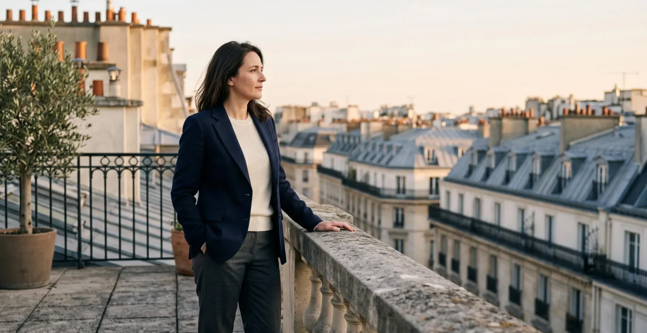 Un professionnel se tient à un point de bascule symbolique, incarnant une transition de carrière réussie grâce à un accompagnement personnalisé