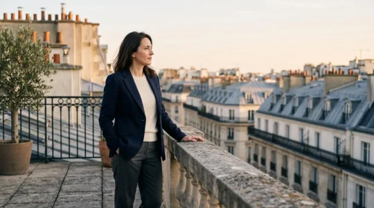 Un professionnel se tient à un point de bascule symbolique, incarnant une transition de carrière réussie grâce à un accompagnement personnalisé