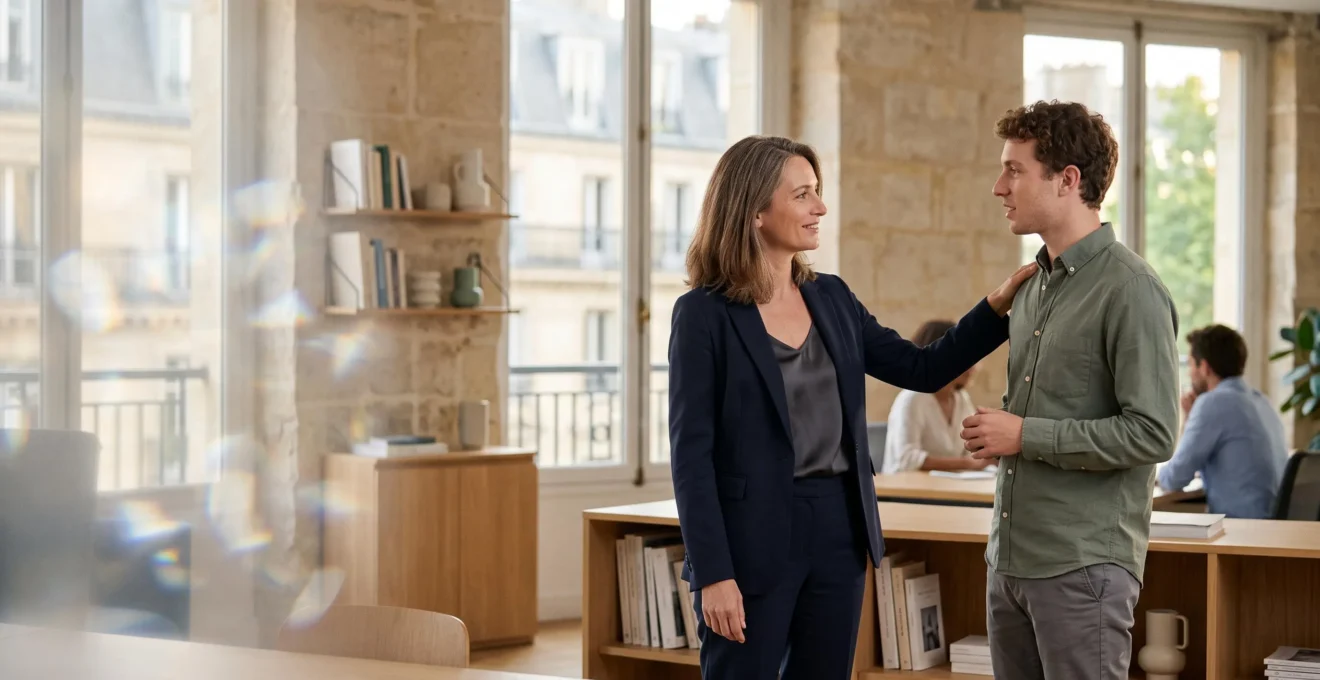 Responsable RH dans un bureau lumineux, entre outils numeriques et echange humain authentique, symbolisant l'equilibre entre IA et dimension humaine en entreprise francaise