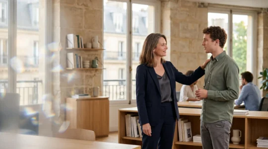 Responsable RH dans un bureau lumineux, entre outils numeriques et echange humain authentique, symbolisant l'equilibre entre IA et dimension humaine en entreprise francaise