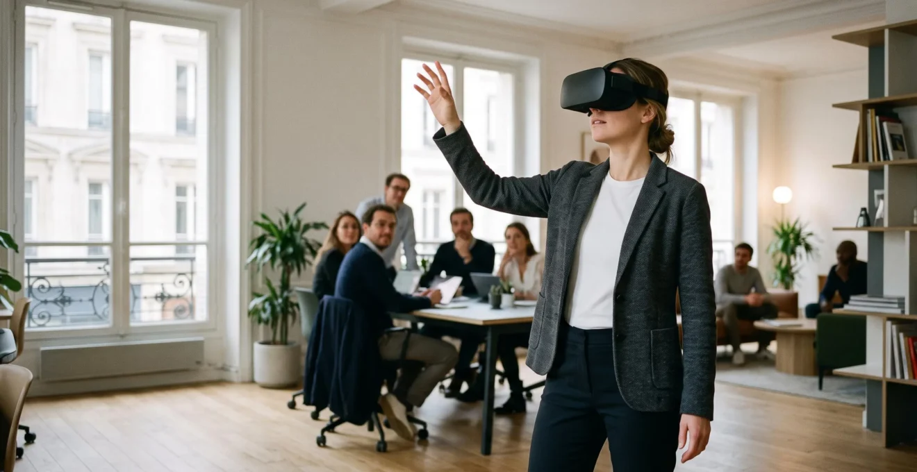 Salarié en environnement de bureau français testant un casque de réalité virtuelle lors d'une session de formation professionnelle
