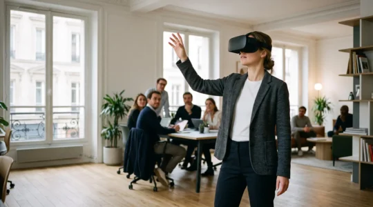 Salarié en environnement de bureau français testant un casque de réalité virtuelle lors d'une session de formation professionnelle
