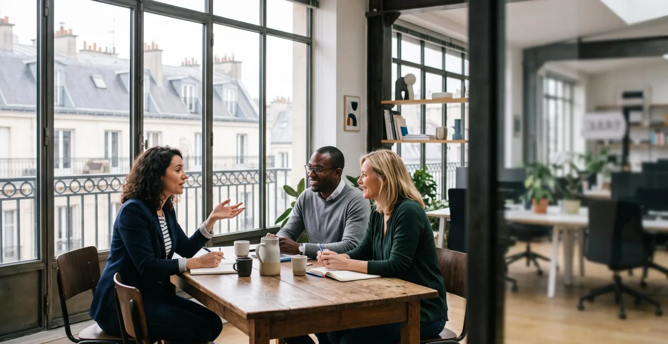 Manager et collaborateur souriants échangeant dans un bureau lumineux et moderne, symbolisant la performance par le bien-être au travail