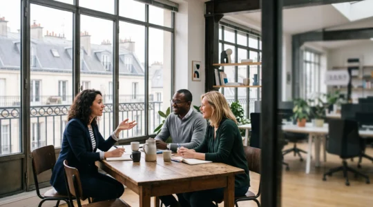 Manager et collaborateur souriants échangeant dans un bureau lumineux et moderne, symbolisant la performance par le bien-être au travail