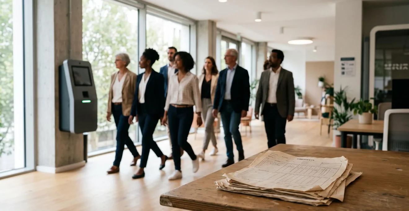 Passage symbolique du pointage papier traditionnel au pointage numérique dans une entreprise française