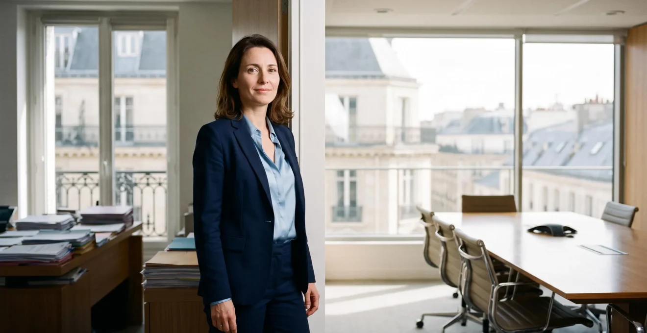 Professionnel RH français regardant à travers une baie vitrée d'un immeuble haussmannien, symbolisant le passage du rôle administratif au rôle de conseiller stratégique de la direction générale