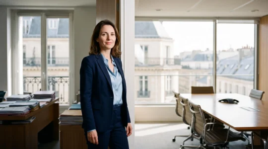 Professionnel RH français regardant à travers une baie vitrée d'un immeuble haussmannien, symbolisant le passage du rôle administratif au rôle de conseiller stratégique de la direction générale